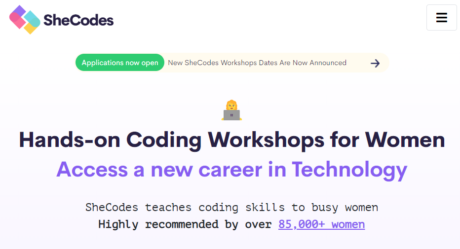 Screenshot of the homepage of the SheCodes Website